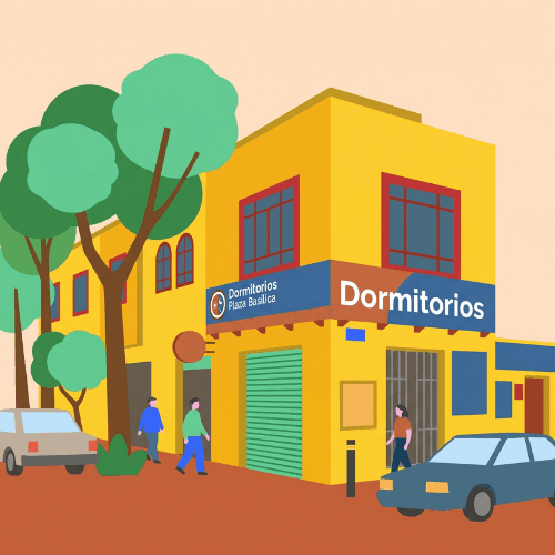 Ilustración de la fachada de Dormitorios Plaza Basílica en la calle
